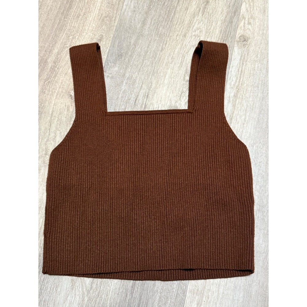 Chocolate Brown Ribbed Knit Square Neck Crop Top Sleeveless Tank Brown‎